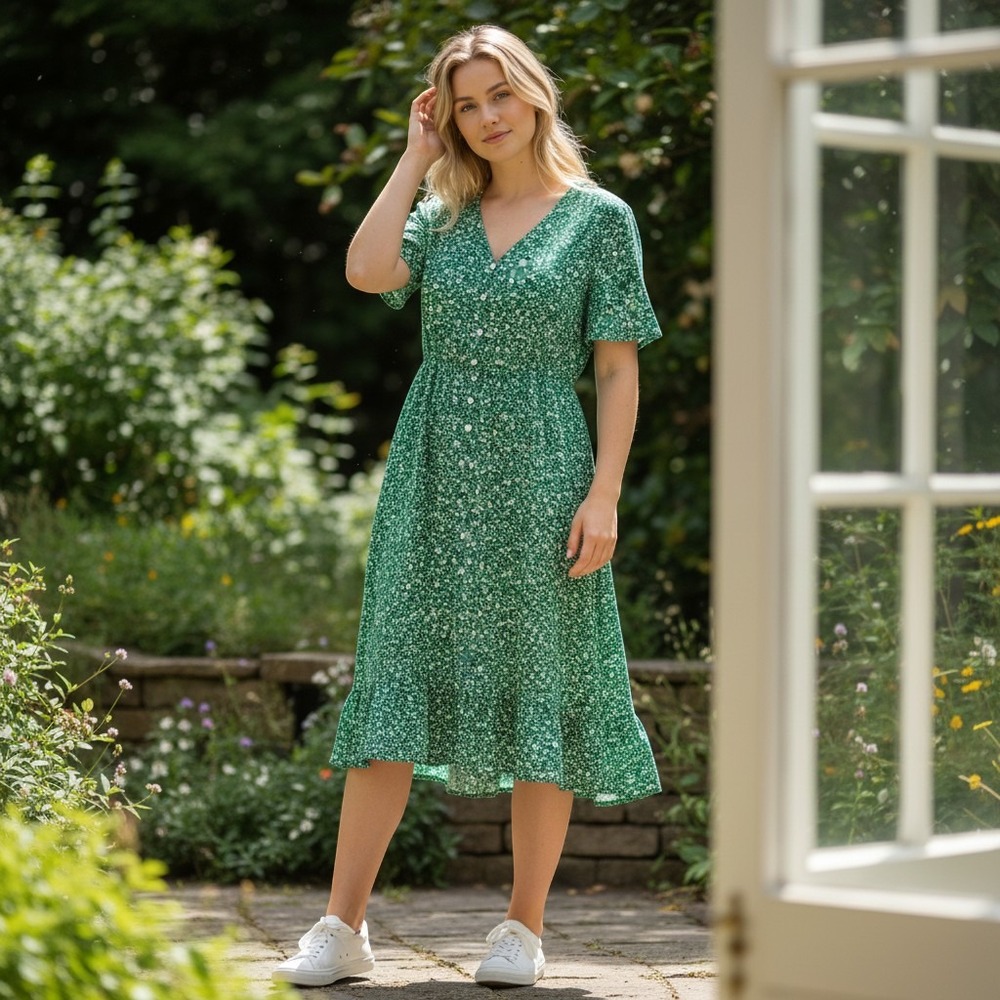 YOZY Green Floral Print Dress Women's Size XXL (46 EU 14 US)Dressy Casual/ #8101